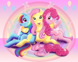 Size: 5000x4000 | Tagged: safe, artist:pixlphantasy, fluttershy, pinkie pie, rainbow dash, g4, hug, sitting