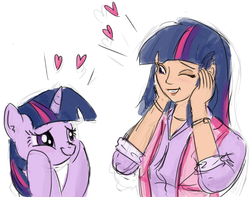 Size: 1222x964 | Tagged: safe, artist:king-kakapo, twilight sparkle, ambiguous race, human, pony, g4, floating heart, hands on cheeks, heart, hooves on cheeks, human ponidox, humanized, sketch, smiling