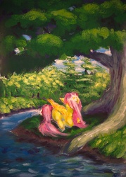 Size: 2743x3823 | Tagged: safe, artist:anoldmate, fluttershy, g4, female, scenery, solo, traditional art, tree, water