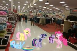 Size: 1440x960 | Tagged: safe, artist:dontae98, fluttershy, pinkie pie, rainbow dash, twilight sparkle, human, unicorn, g4, build-a-bear, floppy ears, irl, lying down, on back, photo, plushie, ponies in real life, shelf, shopping, store, target (store), twilight sparkle is not amused, unamused, unicorn twilight, vector, yay