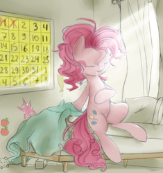 Size: 1600x1700 | Tagged: safe, artist:ashesdarkpony, pinkie pie, g4, bed, bed mane, calendar, curtains, cutie mark, female, morning ponies, solo, traditional art, waking up