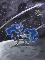 Size: 1200x1600 | Tagged: safe, artist:raptor007, derpy hooves, princess luna, pegasus, pony, g4, clothes, dress, female, mare, moon