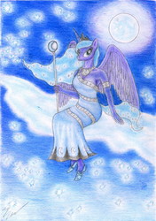 Size: 1456x2074 | Tagged: safe, artist:sinaherib, princess luna, anthro, g4, clothes, cloud, cloudy, dress, female, looking at you, moon, sitting, smiling, solo, spread wings, traditional art