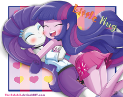 Size: 1732x1368 | Tagged: safe, artist:the-butch-x, rarity, twilight sparkle, equestria girls, g4, blushing, clothes, duo, eyes closed, female, hug, implied rarilight, implied shipping, lesbian, midriff, ship:rarilight, shipping, shorts, skirt