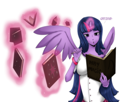 Size: 1725x1380 | Tagged: safe, artist:indie-punk, twilight sparkle, human, g4, book, female, horn, horned humanization, humanized, magic, pony coloring, simple background, solo, transparent background, twilight sparkle (alicorn), winged humanization