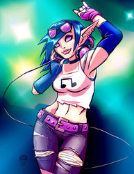 Size: 600x777 | Tagged: safe, artist:eryckwebbgraphics, dj pon-3, vinyl scratch, human, g4, devil horn (gesture), elf ears, female, humanized, solo