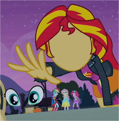 Size: 363x369 | Tagged: safe, edit, edited screencap, screencap, fluttershy, pinkie pie, rainbow dash, sunset shimmer, equestria girls, g4, my little pony equestria girls, cropped, face, no face, solo focus, sunset shimmer reaching for things, wat