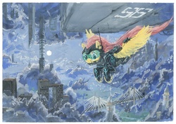 Size: 6620x4680 | Tagged: safe, artist:quiet-victories, fluttershy, pegasus, pony, g4, absurd resolution, armor, badass, badass adorable, city, cityscape, cloud, cute, female, flutterbadass, flying, gouache, hmd, science fiction, solo, traditional art, visor