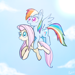 Size: 512x512 | Tagged: safe, artist:flarities, fluttershy, rainbow dash, g4, carrying, cloud, cloudy, flying, sky