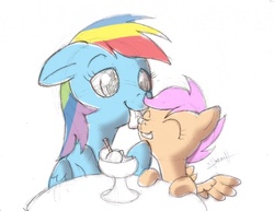 Size: 800x618 | Tagged: safe, artist:shoroch, rainbow dash, scootaloo, pegasus, pony, g4, female, filly, foal, food, ice cream, licking, mare, scootalove, tongue out