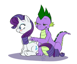 Size: 997x827 | Tagged: safe, artist:pia-sama, rarity, spike, dragon, pony, unicorn, g4, back scratching, blushing, cute, female, male, mare, noodle arms, older, older spike, raribetes, scratching, scrunchy face, ship:sparity, shipping, spikabetes, straight, teenage spike, teenaged dragon, teenager