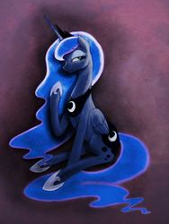 Size: 900x1200 | Tagged: safe, artist:murphylaw4me, artist:scarletvye, princess luna, g4, bedroom eyes, colored, female, looking at you, raised hoof, sitting, smiling, solo