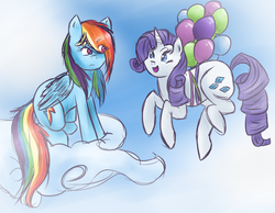 Size: 900x700 | Tagged: safe, artist:darkvioletcloud, rainbow dash, rarity, g4, balloon, cloud, cloudy, female, lesbian, ship:raridash, shipping