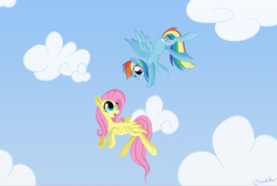 Size: 1165x781 | Tagged: safe, artist:grendeleev, fluttershy, rainbow dash, g4, flying