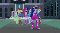 Size: 576x324 | Tagged: safe, screencap, applejack, fluttershy, pinkie pie, rainbow dash, rarity, spike, sunset shimmer, twilight sparkle, dog, equestria girls, g4, my little pony equestria girls, animated, big crown thingy, boots, element of magic, fall formal outfits, gif, high heel boots, mane seven, mane six, spike the dog
