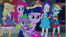 Size: 576x324 | Tagged: safe, screencap, applejack, pinkie pie, rainbow dash, rarity, spike, twilight sparkle, dog, equestria girls, g4, my little pony equestria girls, animated, bare shoulders, big crown thingy, boots, bracelet, crown, element of magic, fall formal outfits, gasp, gif, hat, high heel boots, jewelry, regalia, sleeveless, spike the dog, strapless, top hat