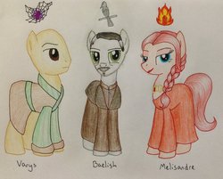 Size: 1024x822 | Tagged: safe, artist:qemma, a song of ice and fire, game of thrones, melisandre, melisandre of asshaï, petyr baelish, varys