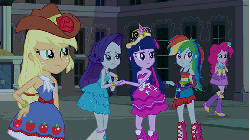 Size: 576x324 | Tagged: safe, screencap, applejack, pinkie pie, rainbow dash, rarity, sunset shimmer, twilight sparkle, alicorn, equestria girls, g4, my little pony equestria girls, animated, big crown thingy, boots, catfight, element of magic, fall formal outfits, female, gif, high heel boots, twilight ball dress, twilight sparkle (alicorn)