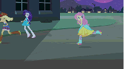 Size: 576x324 | Tagged: safe, screencap, applejack, fluttershy, rarity, equestria girls, g4, my little pony equestria girls, animated, bare shoulders, big crown thingy, boots, clothes, cowboy boots, cowboy hat, crown, dress, element of magic, fall formal outfits, female, gif, hat, high heel boots, jewelry, regalia, sleeveless, strapless