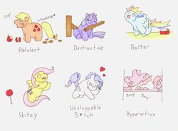 Size: 900x661 | Tagged: safe, artist:allison-beriyani, applejack, fluttershy, pinkie pie, rainbow dash, rarity, twilight sparkle, pegasus, pony, unicorn, g4, apple, blushing, burp, fart, fart noise, heart, horses doing horse things, mane six, poop, realistic, reality ensues, reality sucks, stop sign, text, tongue out