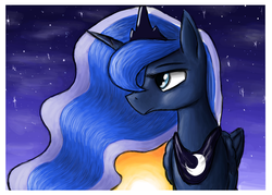 Size: 870x624 | Tagged: safe, artist:paper-pony, princess luna, alicorn, pony, g4, female, mare, night, night sky, sky, solo, stars