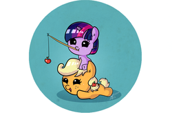 Size: 2000x1315 | Tagged: safe, artist:doovid97, applejack, twilight sparkle, pony, g4, apple, baby, baby pony, babyjack, babylight sparkle, filly, foal, ponies riding ponies, riding