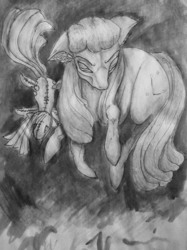 Size: 1280x1707 | Tagged: safe, artist:sweetstrawberryblood, pinkie pie, oc, oc:cosmia nebula, g4, doll, grayscale, monochrome, pinkamena diane pie, traditional art