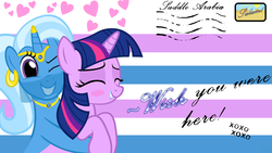 Size: 1920x1080 | Tagged: safe, artist:navitaserussirus, trixie, twilight sparkle, genie, asktwixiegenies, g4, blushing, female, lesbian, postcard, saddle arabia, ship:twixie, shipping, smiling, veil