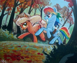 Size: 900x729 | Tagged: safe, artist:yulyeen, applejack, rainbow dash, g4, running, running of the leaves, traditional art