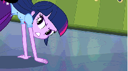 Size: 576x324 | Tagged: safe, screencap, trixie, twilight sparkle, equestria girls, g4, my little pony equestria girls, animated, boots, clothes, female, gif, high heel boots, jacket, legs, lockers, skirt
