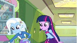 Size: 576x324 | Tagged: safe, screencap, spike, trixie, twilight sparkle, dog, equestria girls, g4, my little pony equestria girls, animated, canterlot high, crackers, food, gif, meme origin, peanut butter, peanut butter crackers, spike the dog, that human sure does love peanut butter crackers, the great and powerful trixie needs some peanut butter crackers, vending machine