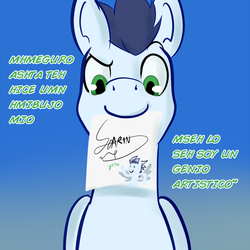 Size: 900x900 | Tagged: safe, artist:glasdale, soarin', g4, male, mouth hold, soarin-responde, solo, spanish