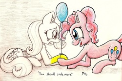 Size: 1400x927 | Tagged: safe, artist:punk-pegasus, fluttershy, pinkie pie, g4, balloon, female, lesbian, ship:flutterpie, shipping, traditional art