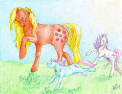Size: 550x427 | Tagged: safe, artist:marbletoast, applejack (g1), baby cuddles, baby moondancer, g1, family, realistic, rule 63, traditional art