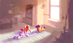 Size: 1024x608 | Tagged: dead source, safe, artist:nayshie, apple bloom, scootaloo, sweetie belle, earth pony, pegasus, pony, unicorn, g4, bed, bedroom, blank flank, crepuscular rays, cutie mark crusaders, female, filly, foal, glowing, indoors, interior, lying down, planning, prone, room, window