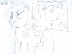 Size: 2209x1665 | Tagged: safe, artist:2shyshy, derpy hooves, pegasus, pony, g4, 30 minute art challenge, computer, female, mare, monochrome, muffin, obsession, simple background, traditional art, white background