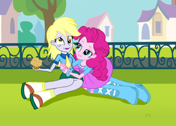 Size: 1339x957 | Tagged: dead source, safe, artist:asdf314159265, derpy hooves, pinkie pie, equestria girls, g4, boots, crying, derpie, derpypie, female, laughing, lesbian, shipping, shoes, tears of laughter, tickling