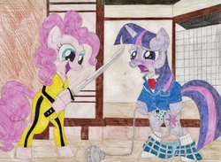 Size: 1024x750 | Tagged: safe, artist:wjmmovieman, pinkie pie, twilight sparkle, pony, assisted exposure, blue panties, blue underwear, bow, clothes, cosplay, cut clothes, embarrassed, embarrassed underwear exposure, female, humiliation, image macro, katana, kill bill, meme, panties, pantsing, polka dot underwear, ribbon, silly panties, sword, traditional art, underwear, undressing, we don't normally wear clothes, weapon