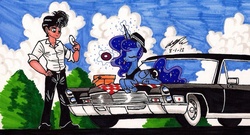 Size: 1280x692 | Tagged: safe, artist:newyorkx3, princess luna, human, g4, car, donut, hat, picnic, self insert, traditional art