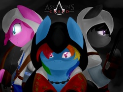 Size: 1024x768 | Tagged: safe, artist:oscarina1234, octavia melody, pinkie pie, rainbow dash, pony, g4, assassin's creed, bipedal