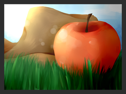 Size: 1500x1124 | Tagged: safe, artist:oscarina1234, g4, apple, applejack's hat, grass, hat, no pony