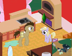 Size: 616x480 | Tagged: safe, artist:yudhaikeledai, derpy hooves, dinky hooves, doctor whooves, time turner, pegasus, pony, g4, animated, butt, comforting, equestria's best daughter, female, happy, implied wetting, mare, plot, plumbob, ponified, the ponies, the sims, urine, wide eyes
