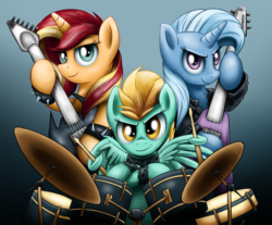 Size: 1024x847 | Tagged: dead source, safe, artist:xioade, lightning dust, sunset shimmer, trixie, pegasus, pony, unicorn, g4, antagonist, band, drums, guitar, metal, musical instrument, trio, wing hands