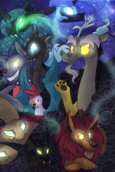 Size: 600x900 | Tagged: safe, artist:littlepinkalpaca, discord, manny roar, nightmare moon, queen chrysalis, alicorn, changeling, changeling queen, cockatrice, diamond dog, hydra, manticore, pony, timber wolf, g4, antagonist, female, glowing eyes, grin, looking at you, male, mare, multiple heads, paw pads, smirk