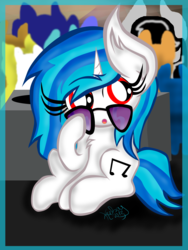 Size: 1944x2592 | Tagged: safe, artist:kelsey139, dj pon-3, vinyl scratch, g4, :o, blurry, chest fluff, cute, solo focus, sunglasses, turntable