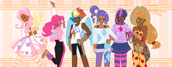 Size: 900x352 | Tagged: artist needed, safe, applejack, fluttershy, pinkie pie, rainbow dash, rarity, twilight sparkle, human, g4, dark skin, humanized, mane six, winged humanization