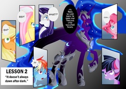 Size: 2202x1558 | Tagged: safe, artist:0ryomamikado0, applejack, fluttershy, nightmare moon, pinkie pie, rainbow dash, rarity, twilight sparkle, comic:the unexpected love life of dusk shine, g4, comic, dusk shine, mane six, rule 63