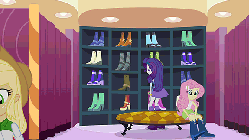 Size: 576x324 | Tagged: safe, screencap, applejack, fluttershy, rarity, spike, twilight sparkle, alicorn, dog, equestria girls, equestria girls (movie), animated, boots, bracelet, carousel boutique, clothes, gif, high heel boots, jewelry, skirt, spike the dog, twilight sparkle (alicorn)