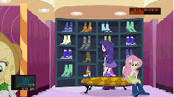 Size: 576x324 | Tagged: safe, edit, edited screencap, screencap, applejack, fluttershy, rarity, spike, twilight sparkle, alicorn, dog, equestria girls, equestria girls (movie), animated, boots, bracelet, carousel boutique, clothes, gif, high heel boots, jewelry, konami, metal gear, metal gear solid, skirt, spike the dog, twilight sparkle (alicorn)