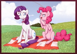 Size: 1524x1066 | Tagged: safe, artist:facelessukient, pinkie pie, rarity, g4, picnic, picnic blanket, rainbow